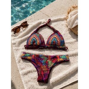 Agua Bendita Aries Bikini Set Embroidered Beaded Triangle Top Boho Resort Swim